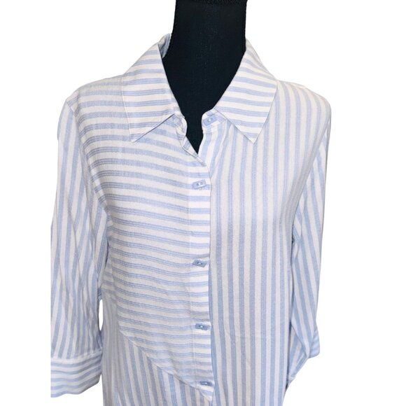 Soft Surroundings Blue White Striped Asymmetrical Handkerchief Hem Tunic Shirt M - Picture 3 of 12